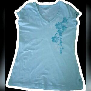 Garage Women's Sky Blue Floral Short Sleeve V-Neck Tee, Large